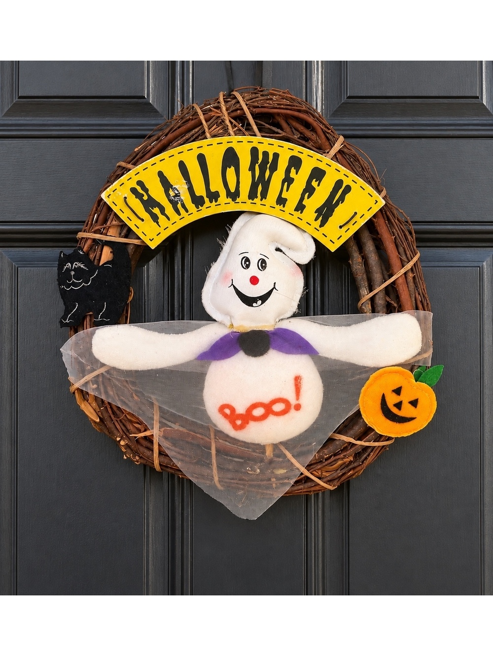 Vintage Halloween Ghost Wreath Boo Black Cat Pumpkin Grapevine Folk Art
